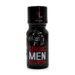 On voit sur un fond blanc un flacon noir de poppers dont le nom est Strong men. Le nom est écrit en rouge et blanc et on voit un dessin d'un homme musclé qui a le poing fermé.
