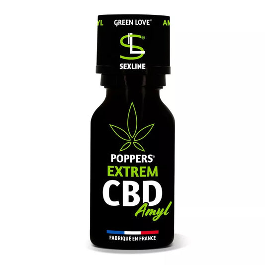 on voit sur un fond blanc un flacon de poppers avec du CBD à l'intérieur il y a une feuille de cbd sur le flacon. Le flacon est noir et vert.