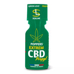 on voit sur un fond blanc un flacon vert de poppers. Il est noté que le poppers est avec du CBD et on voit une feuille de CBD sur le flacon, on voit aussi que c'est fabriqué en France.