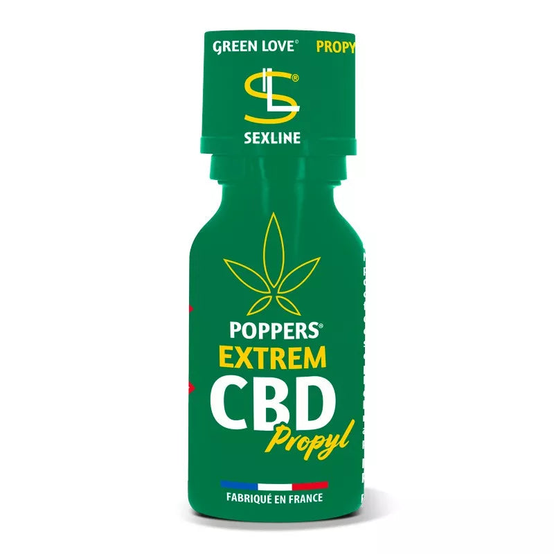 on voit sur un fond blanc un flacon vert de poppers. Il est noté que le poppers est avec du CBD et on voit une feuille de CBD sur le flacon, on voit aussi que c'est fabriqué en France.