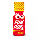 on voit sur un fond blanc un flacon jaune et rouge de poppers dont le nom est Fun Pop's à base d'amyl. On voit aussi des eux dessus dans un style cartoon.