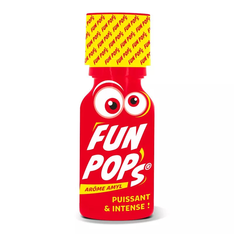 on voit sur un fond blanc un flacon jaune et rouge de poppers dont le nom est Fun Pop's à base d'amyl. On voit aussi des eux dessus dans un style cartoon.