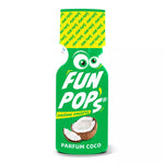 on voit sur un fond blanc un flacon vert et jaune d'un poppers au parfun de noix de coco. Le nom est Fun Pop's et il est noté sur le flacon il y a aussi une paire d'yeux rigolos.