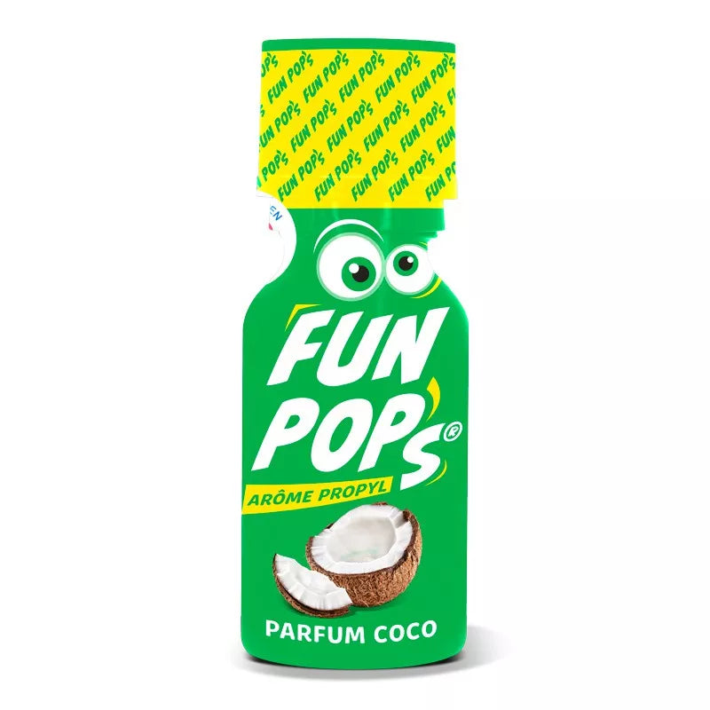on voit sur un fond blanc un flacon vert et jaune d'un poppers au parfun de noix de coco. Le nom est Fun Pop's et il est noté sur le flacon il y a aussi une paire d'yeux rigolos.