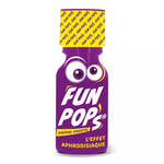 on voit sur un fond blanc un flacon de poppers jaune et violet avec des yeux dessiné dessus. Il est noté le nom du produit qui est Fun Pop's.