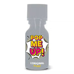 on voit sur un fond blanc un flacon gris clair de poppers. Le nom est affiché sur le flacon c'est Pop me up il est écrit en jaune et rose pour un effet vintage.