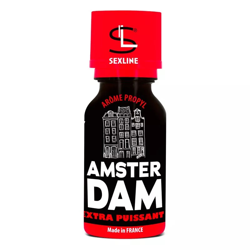 on voit sur un fond blanc un flacon rouge et noir de poppers dont le nom est Amsterdam, le nom est écrit en blanc il y a une image de la ville d'Amsterdam en blanc sur le flacon.