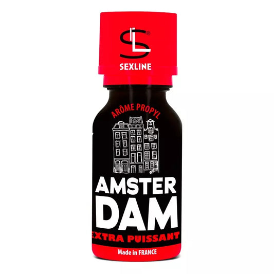 on voit sur un fond blanc un flacon rouge et noir de poppers dont le nom est Amsterdam, le nom est écrit en blanc il y a une image de la ville d'Amsterdam en blanc sur le flacon.