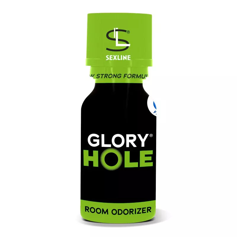 on voit sur un fond blanc un flacon de poppers, il est noté Glory Hole en blanc et vert sur le flacon qui est noir le bouchon est aussi vert.