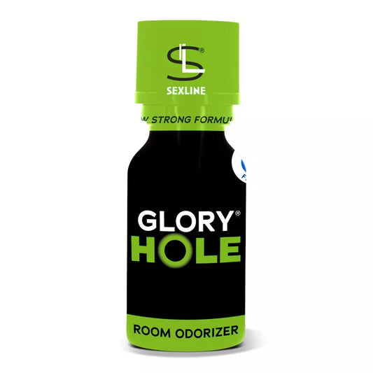 on voit sur un fond blanc un flacon de poppers, il est noté Glory Hole en blanc et vert sur le flacon qui est noir le bouchon est aussi vert.