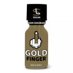 on voit sur un fond blanc un flacon de poppers dont le nom est gold finger en référence à James Bond. Le flacon est gris et noir on voit une main faisant un doigt d'honneur.
