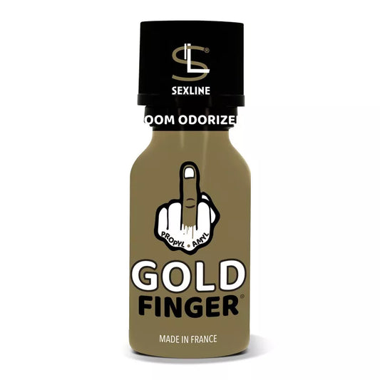on voit sur un fond blanc un flacon de poppers dont le nom est gold finger en référence à James Bond. Le flacon est gris et noir on voit une main faisant un doigt d'honneur.
