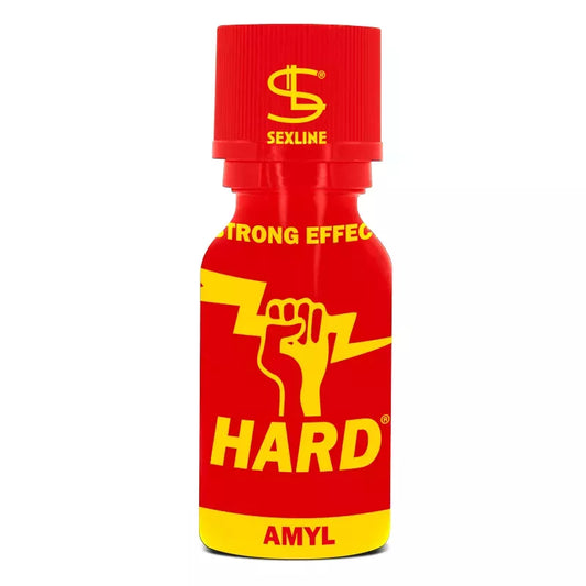 on voit sur un fond blanc un flacon de poppers  rouge et jaune dont le nom est Hard amyl. Le flacon est plus rouge que jaune, on voit une main fermée tenant un éclair jaune.