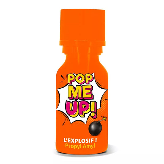 on voit sur un fond blanc un flacon de poppers orange, il est noté le nom du produit qui est Pop me up explosif.