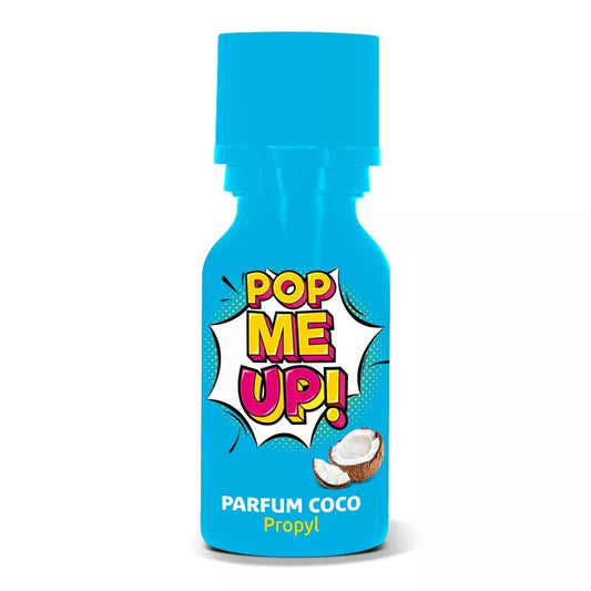 on voit sur un fond blanc un flacon bleu de poppers dont le nom est Pop me up. Le nom est écrit en jaune et rose dans un style pop art, on voit que c'est au parfum noix de coco car c'est noté et il y a une photo de noix de coco sur le flacon.