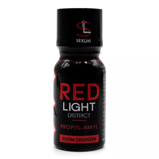 on voit sur un fond blanc un flacon noir et rouge de poppers. Il est écrit sur le flacon le nom du produit qui est Red Light.