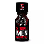 on voit sur un fond blanc un flacon noir et rouge de poppers. Le nom est Strong men, il est noté en rouge et blanc et on voit une image d'un homme très musclé.