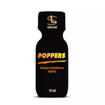 On voit sur un fond blanc un flacon de poppers. Le flacon est noir avec les écritures en jaune et orange.
