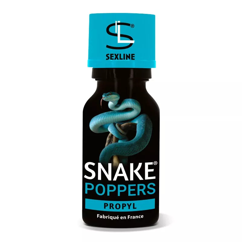 on voit sur un fond blanc un flacon en verre de poppers bleu et noir. Il y a un serpent bleu dessus et le nom du poppers est Snake Poppers.