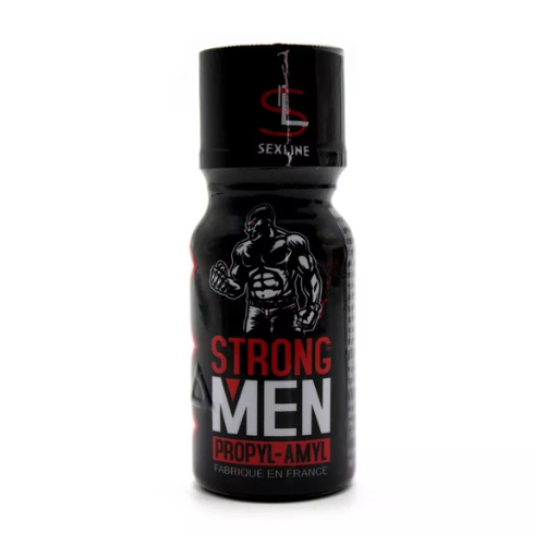 On voit sur un fond blanc un flacon noir de poppers dont le nom est Strong men. Le nom est écrit en rouge et blanc et on voit un dessin d'un homme musclé qui a le poing fermé.