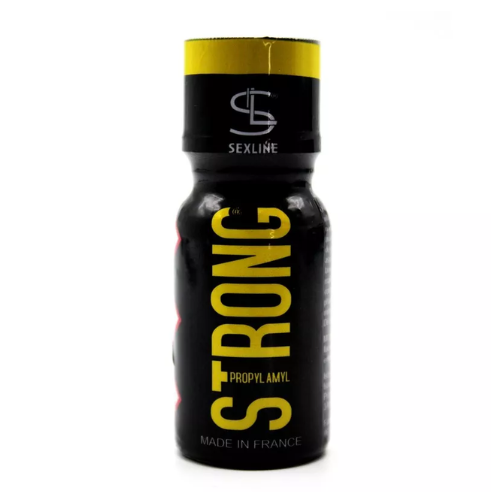 on voit sur un fond blanc un flacon de poppers noir et jaune dont le nom est Strong.