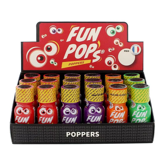 on voit sur un fond blanc un présentoir en carton de plusieurs flacons de poppers dont le nom est Fun pop's. Le carton est noir et rouge avec des yeux dans le style cartoon, il y a des flacons de poppers rouge, violet orange et vert.