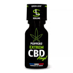 on voit sur un fond blanc un flacon de poppers avec du CBD à l'intérieur il y a une feuille de cbd sur le flacon. Le flacon est noir et vert.