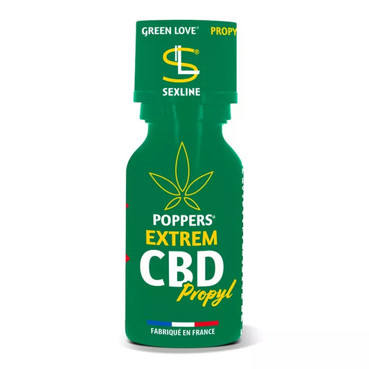 on voit sur un fond blanc un flacon vert de poppers. Il est noté que le poppers est avec du CBD et on voit une feuille de CBD sur le flacon, on voit aussi que c'est fabriqué en France.