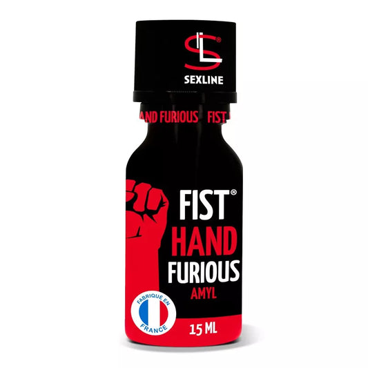 on voit sur un fond blanc un flacon noir et rouge de poppers à base d'amyl on voit le titre qui est Fist Hand Furious et on voit que le produit est fabriqué en France.