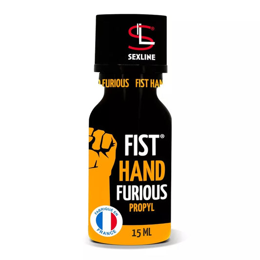 on voit sur un fond blanc un flacon noir et jaune d'un poppers dont le nom est Fist Hand Furious.