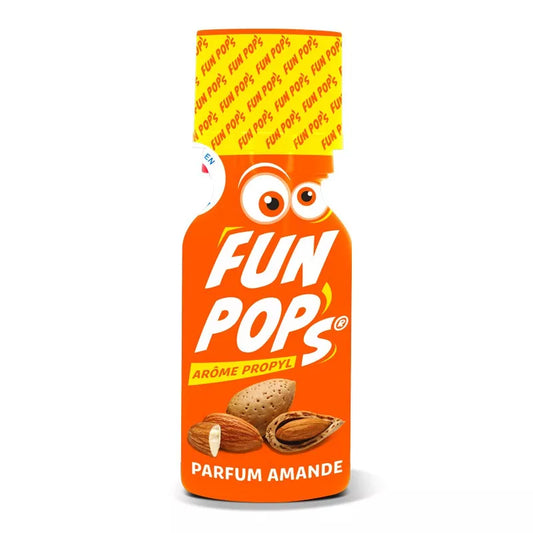 On voit sur un fond blanc un flacon jaune et orange de poppers dont le nom est Fun Pop's. Il est noté dessus que le parfum est amande et il y a des yeux rigolos dessus.