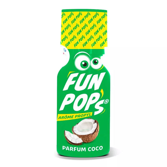 on voit sur un fond blanc un flacon vert et jaune d'un poppers au parfun de noix de coco. Le nom est Fun Pop's et il est noté sur le flacon il y a aussi une paire d'yeux rigolos.