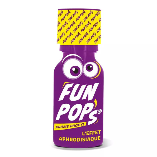 on voit sur un fond blanc un flacon de poppers jaune et violet avec des yeux dessiné dessus. Il est noté le nom du produit qui est Fun Pop's.