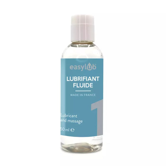 on voit sur un fond blanc un flacon transparent avec une étiquette bleu d'un lubrifiant fluide.