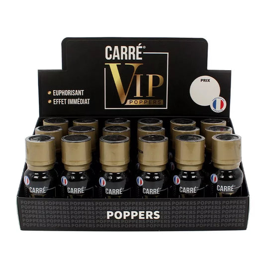 on voit sur un fond blanc un présentoir en carton noir et doré de poppers dont le nom est VIP poppers. Il y a plusieurs flacons dedans noirs avec un bouchon doré.