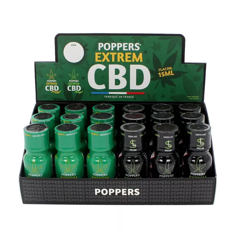 on voit sur un fond blanc un présentoir en carton noir et vert foncé de flacons de poppers. Le nom est poppers extrem CBD et on voit des flacons verts et des flacons noirs.