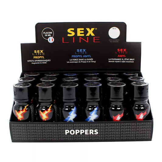 on voit sur un fond blanc un présentoir noir de flacons de poppers. Il y a des flacons avec un éclair orange bleu ou rouge.