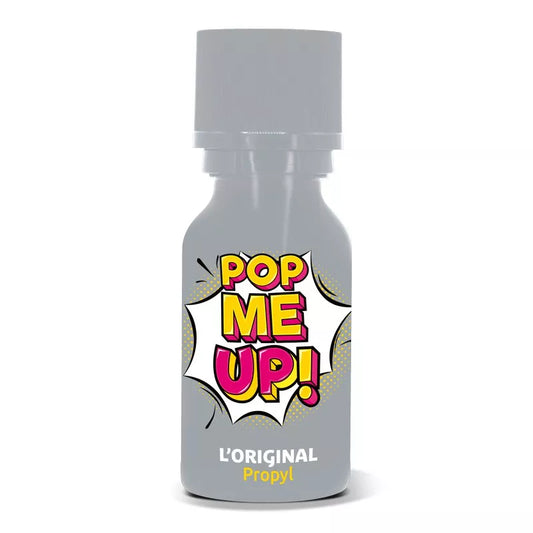 on voit sur un fond blanc un flacon gris clair de poppers. Le nom est affiché sur le flacon c'est Pop me up il est écrit en jaune et rose pour un effet vintage.