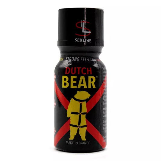 on voit sur un fond blanc un flacon de poppers dont le nom est Dutch bear. Le flacon est noir avec une écriture rouge et aune il y a un ours debout comme s'il était maintenu par des lanières en cuir.