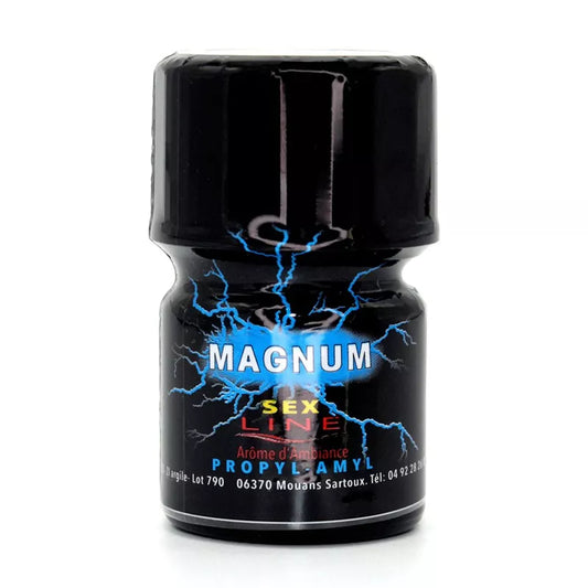 on voit sur un fond blanc un flacon large de poppers il est noir avec un éclair bleu au centre il est noté Magnum dessus.