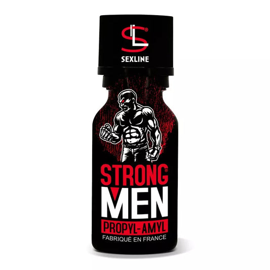 on voit sur un fond blanc un flacon noir et rouge de poppers. Le nom est Strong men, il est noté en rouge et blanc et on voit une image d'un homme très musclé.
