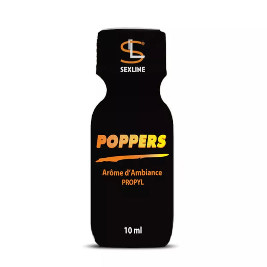 On voit sur un fond blanc un flacon de poppers. Le flacon est noir avec les écritures en jaune et orange.
