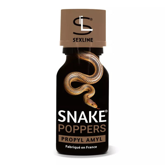 on voit sur un fond blanc un flacon de poppers dont le nom est Snake Poppers. Le flacon est noir et marron avec un serpent en photo dessus.