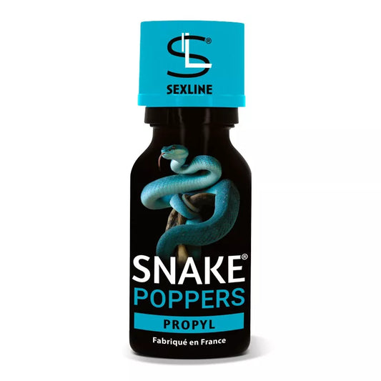 on voit sur un fond blanc un flacon en verre de poppers bleu et noir. Il y a un serpent bleu dessus et le nom du poppers est Snake Poppers.